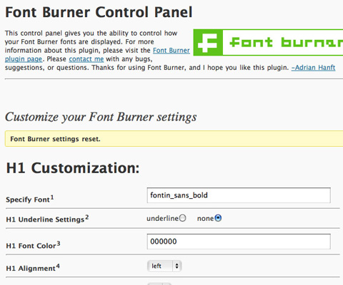 Font Burner Control Panel