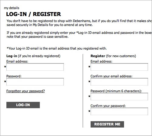 Debenhams login webform