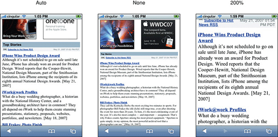An example of three iPhone screens with text size adjust set to auto, None and 200%