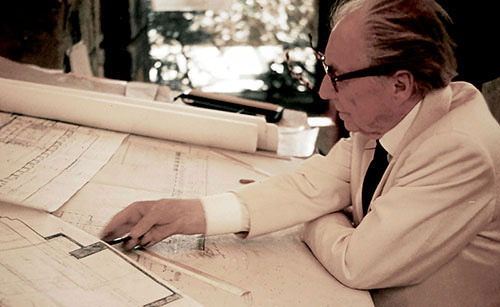 Frank Lloyd Wright sketching plans for Marin County Civic Center
