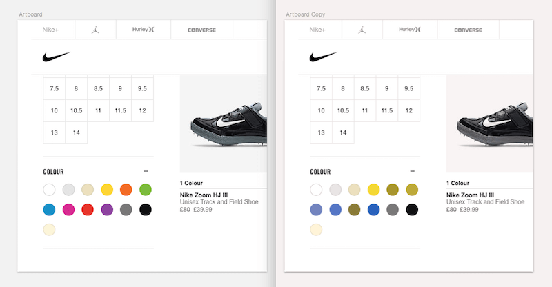 Product pages for Nike sneakers featuring color swatches.