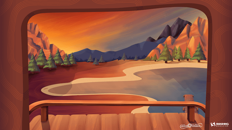 Illustration of a beautiful lake landscape as seen through the open flap of a roof top tent.