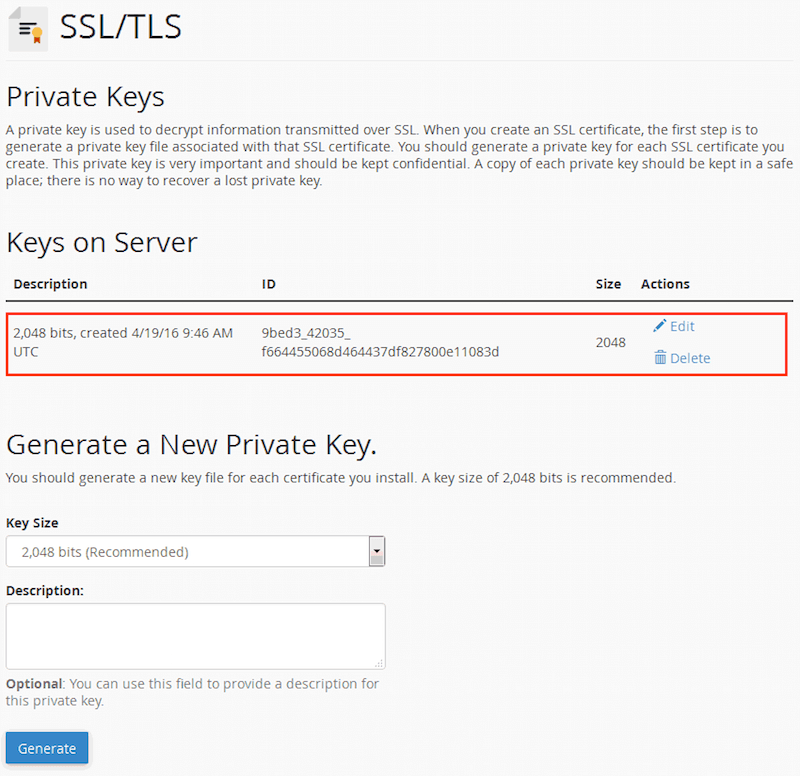 cPanel Private keys with the new key generated