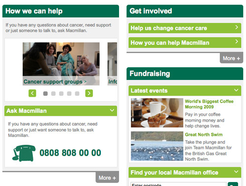 Collapsable panels on Macmillan Cancer Support home page