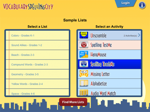 screen showing VocabularySpellingCity colourful menu