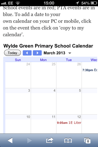 A celandar as seen on a responsive website on an iPhone - not all of the calendar is visible