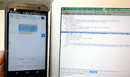 Remote debugging Android. Here the DOM Inspector in the desktop browser is inspecting the page on the mobile device.