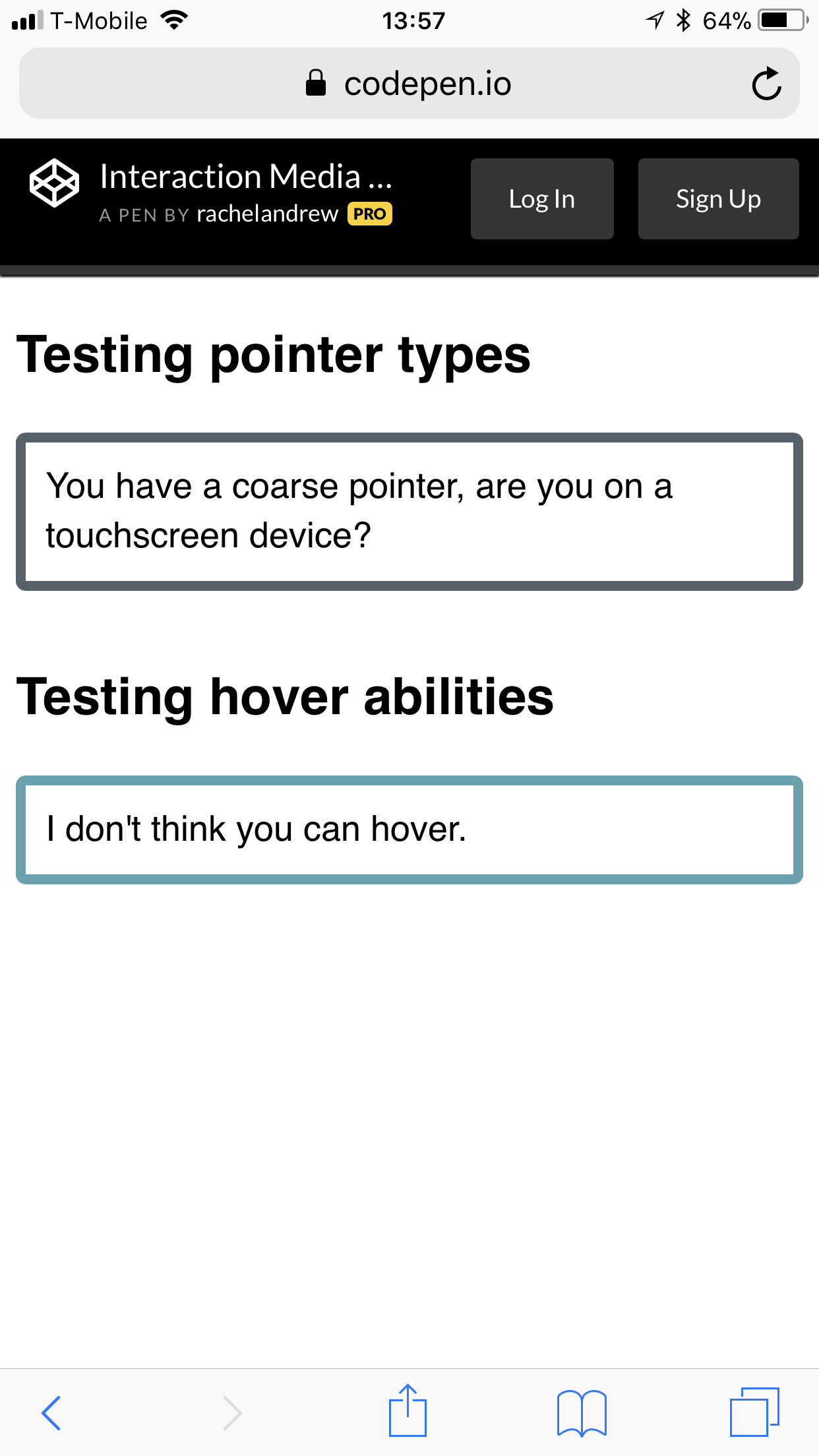 Phone screenshot indicating the user has a coarse pointer and cannot hover