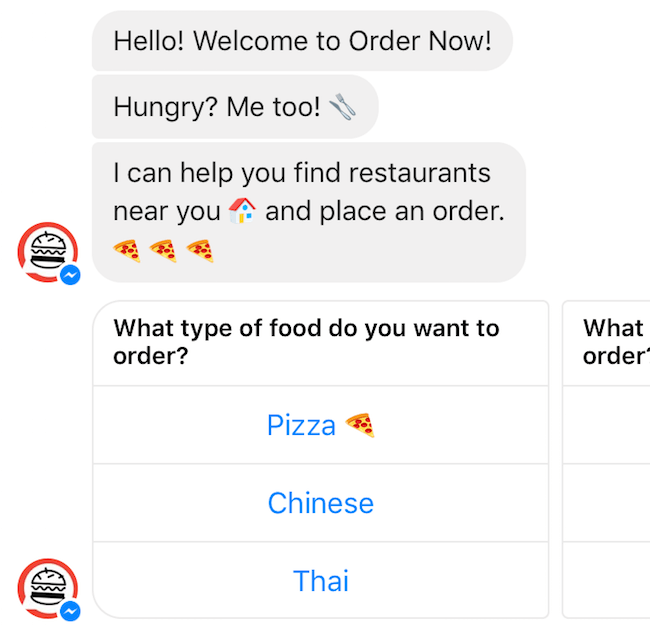 OrderNow bot on Facebook Messenger