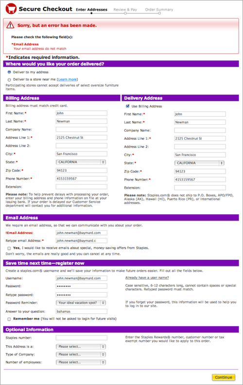 Staples validation error