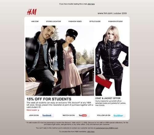 H and M newsletter with discounts