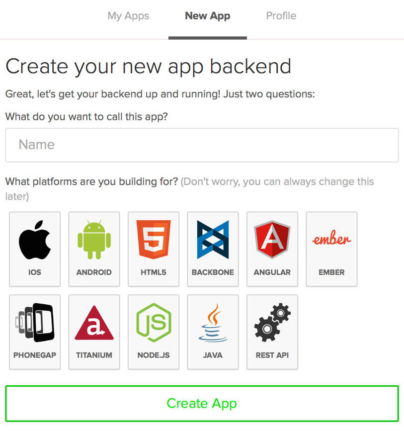 Screenshot of creating an app in Kinvey