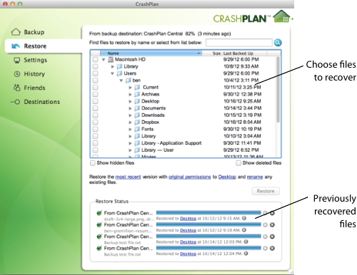 Recovering files in CrashPlan's application