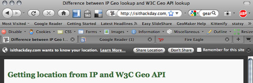 The geolocation API asks the user if they want to share their location