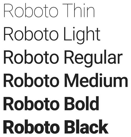 A few variations of the Roboto font