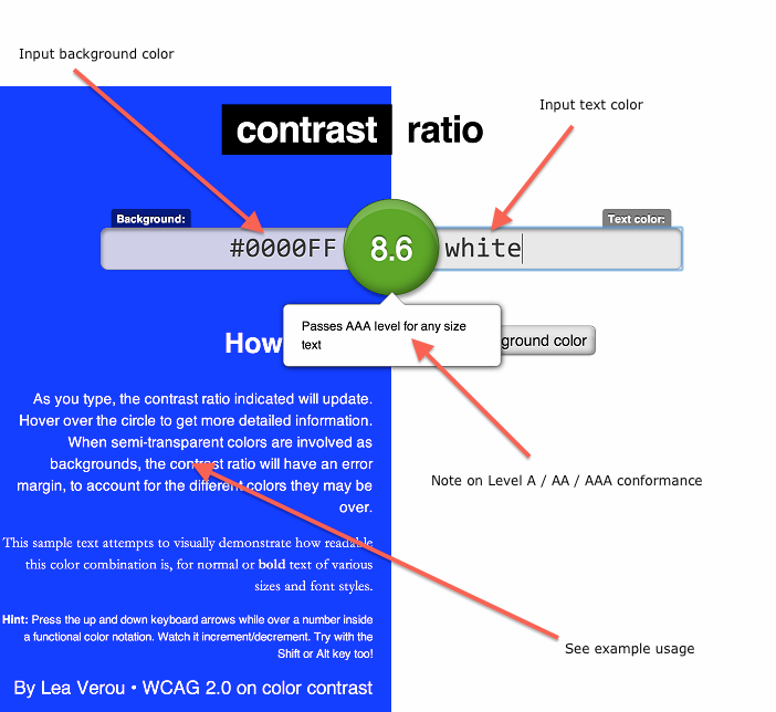 Image showing how Lea Verou's tool can be used to calculate contrast ratio.