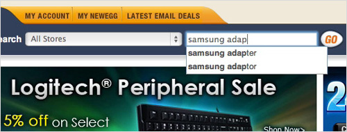 Newegg's search autocomplete suggest misspellings to the user