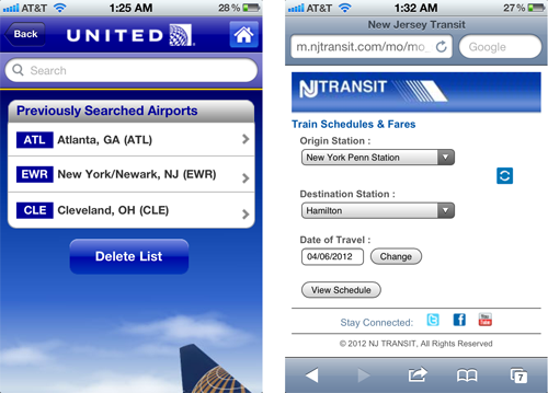 United and NJ Transit use defaults to simplify user input
