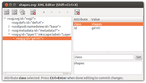 Inkscape dialog to set the shapes class on the group container element