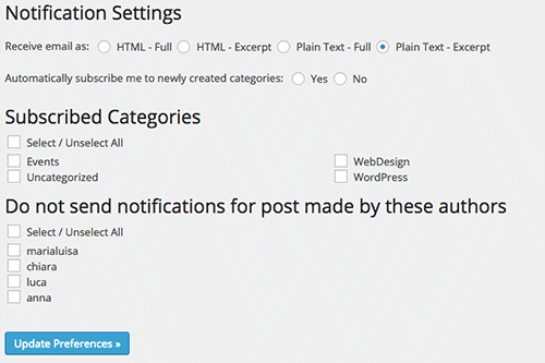 Subscribe 2 settings page