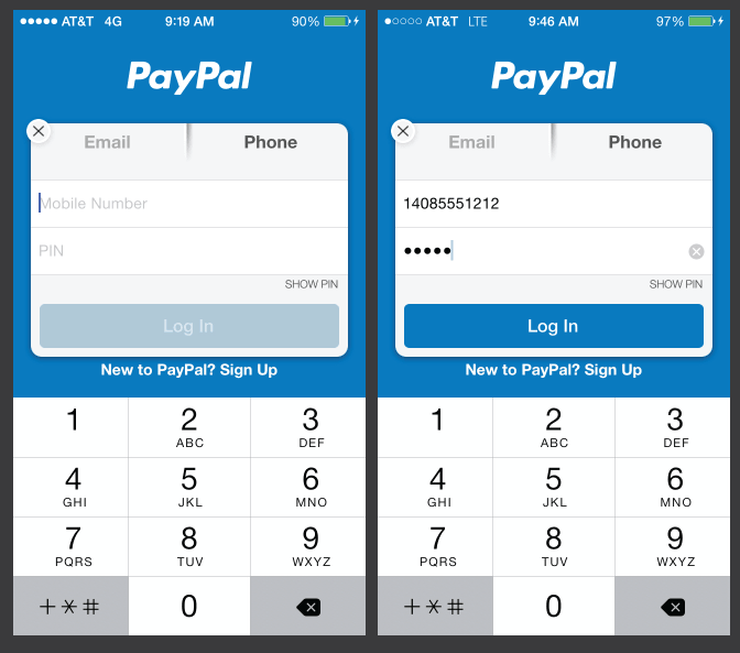 Mobile app form showing disabled fields and button (left) and then enabled (right).