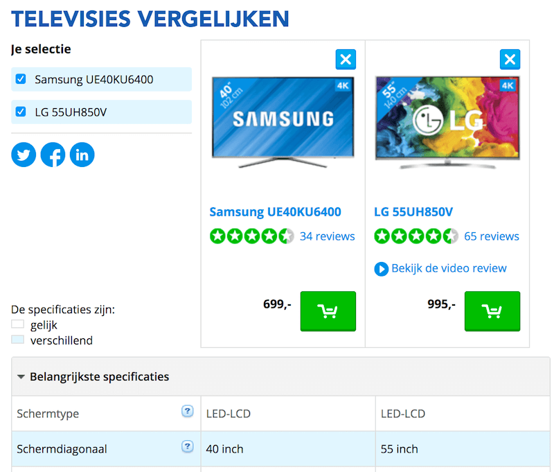 TVStore.nl with a feature comparison table.