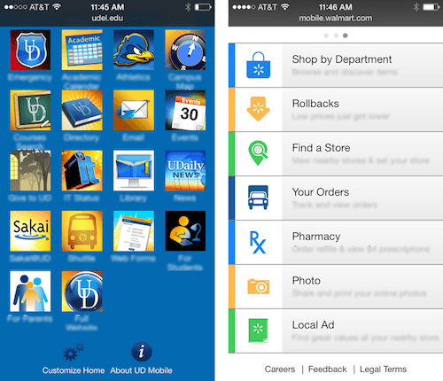 The University of Delaware uses mainly icons (left). Walmart emphasis on text labels.