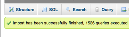 Confirmation message after importing a database.