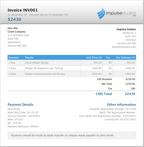 Impulse Studios' invoice