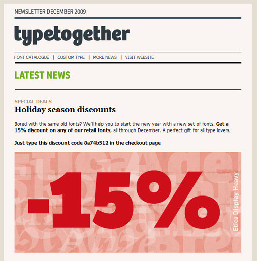 Screenshot of typetogether, seasonal discounts