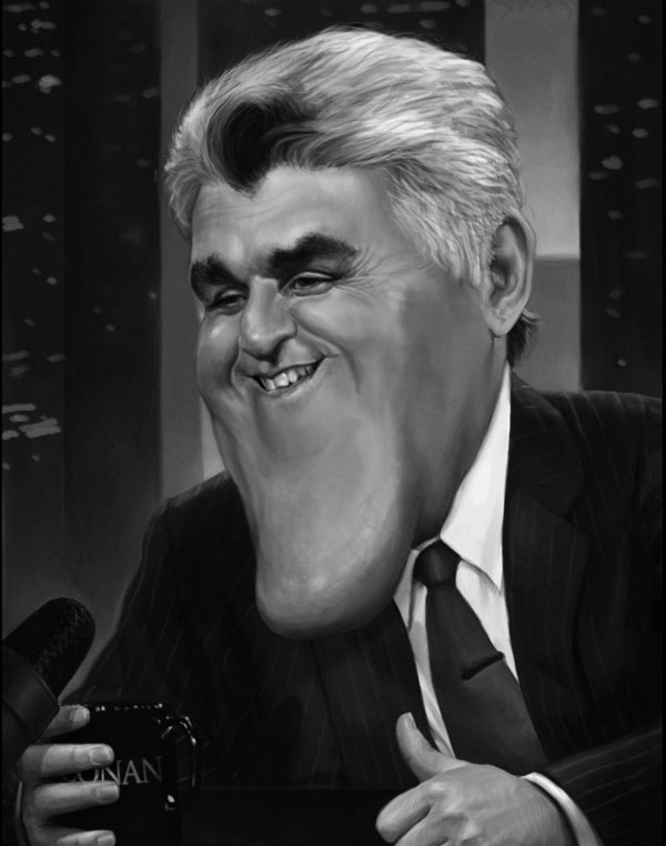 Jay Leno blach and white photograph with extended chin