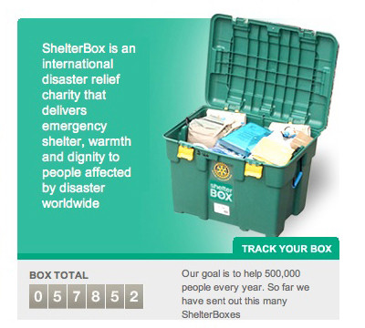 ShelterBox panel featuring box shot and box counter total