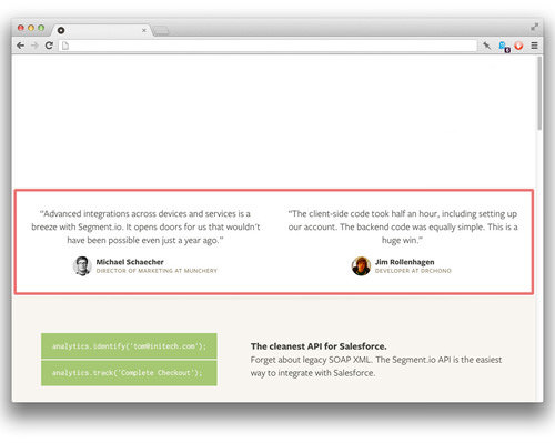 Our testimonials component in the footer of a web page.