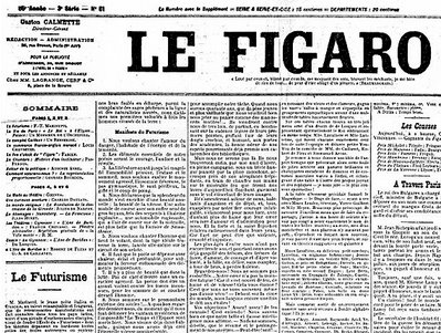 F.T. Marinetti's Futurist manifesto was first published in French newspaper </em>Le Figaro<em> in 1909. The manifesto text is preceded by a disclaimer about the author's "singularly audacious ideas."