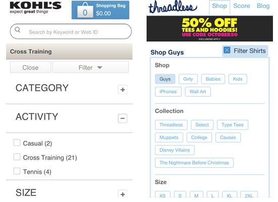 Kohl's and Threadless search filtering