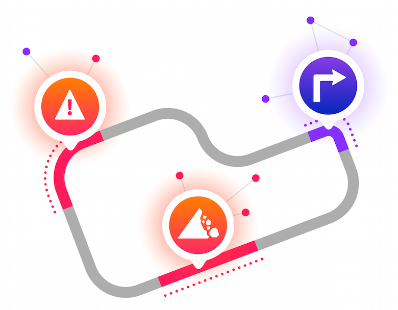 A racetrack with data points and icons representing the concept of data analysis.