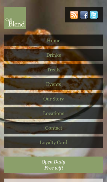 The Cafe Blend mobile site has a full-width navigation menu with each menu item in a horizontal box resembling a button, with the content below the menu.