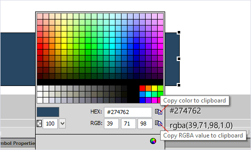Copy color values to clipboard [#HEX or rgba()] is one click away in Fireworks CS6.