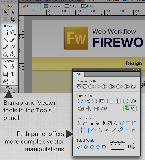 Fireworks offers bitmap and vector editing tools all without having to leave a single application