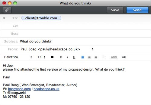 Imaginary email asking the client to common on a design