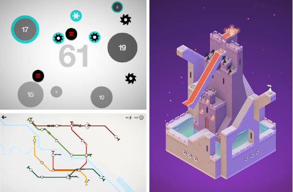 Screenshots of Hundreds, Monument Valley, and Mini Metro.