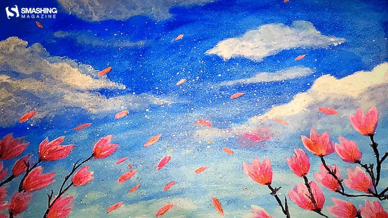 Drawing of Magnolia petals dancing in the air.