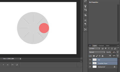 Scene consisting of two layers, a red dot and large, gray circle.