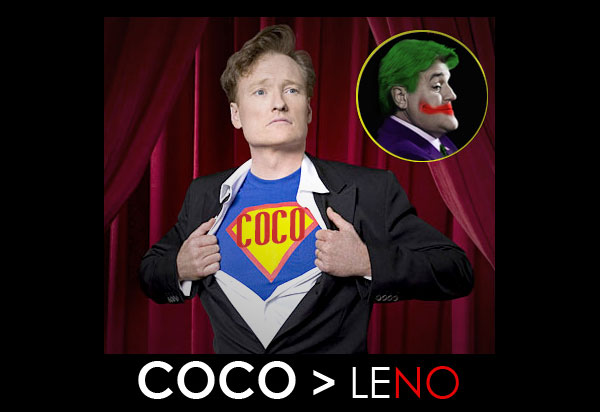 Conan opening his jacket and a shirt to show a logo of superman with a sign that says Coco Leno. Jay Leno with bright green hair and red lipstik like a Joker, his right side view image in a circle
