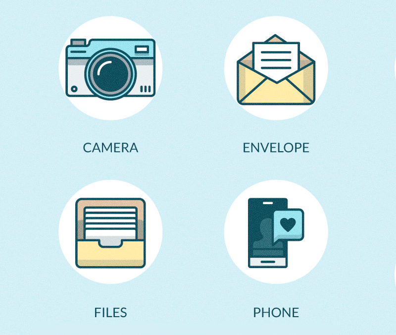 Office Icons showing camera, envelope, files and phone