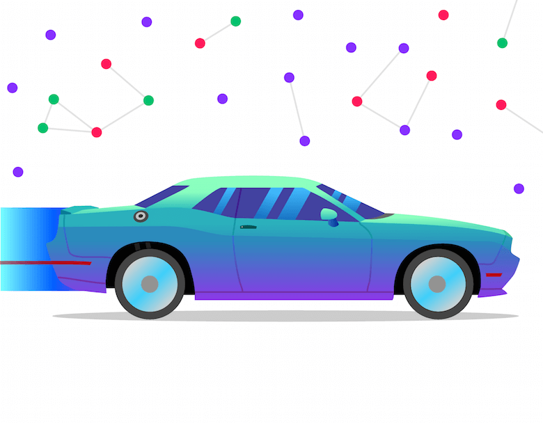 A blue and purple sports car with data points above it to represent expertise.