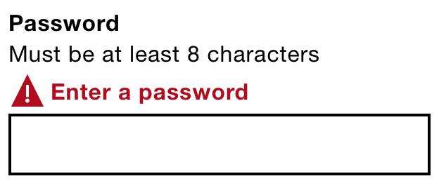 Inline error pattern with red error text and warning icon just above the field.