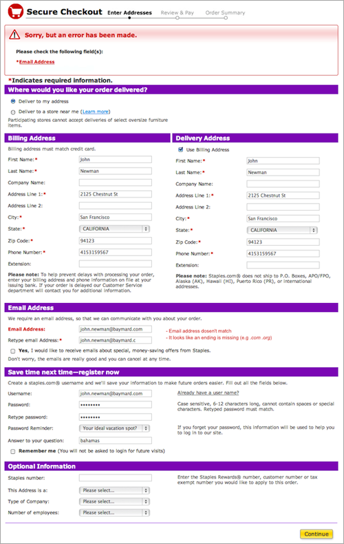 Mock-up of an optimized Staples validation error page. Click for full size.