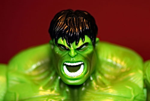 A close image of the Hulk character with an angry face