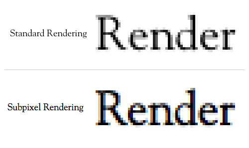 Subpixel rendering (bottom) produces more desireable results than standard rendering (top), but adopts color fringes